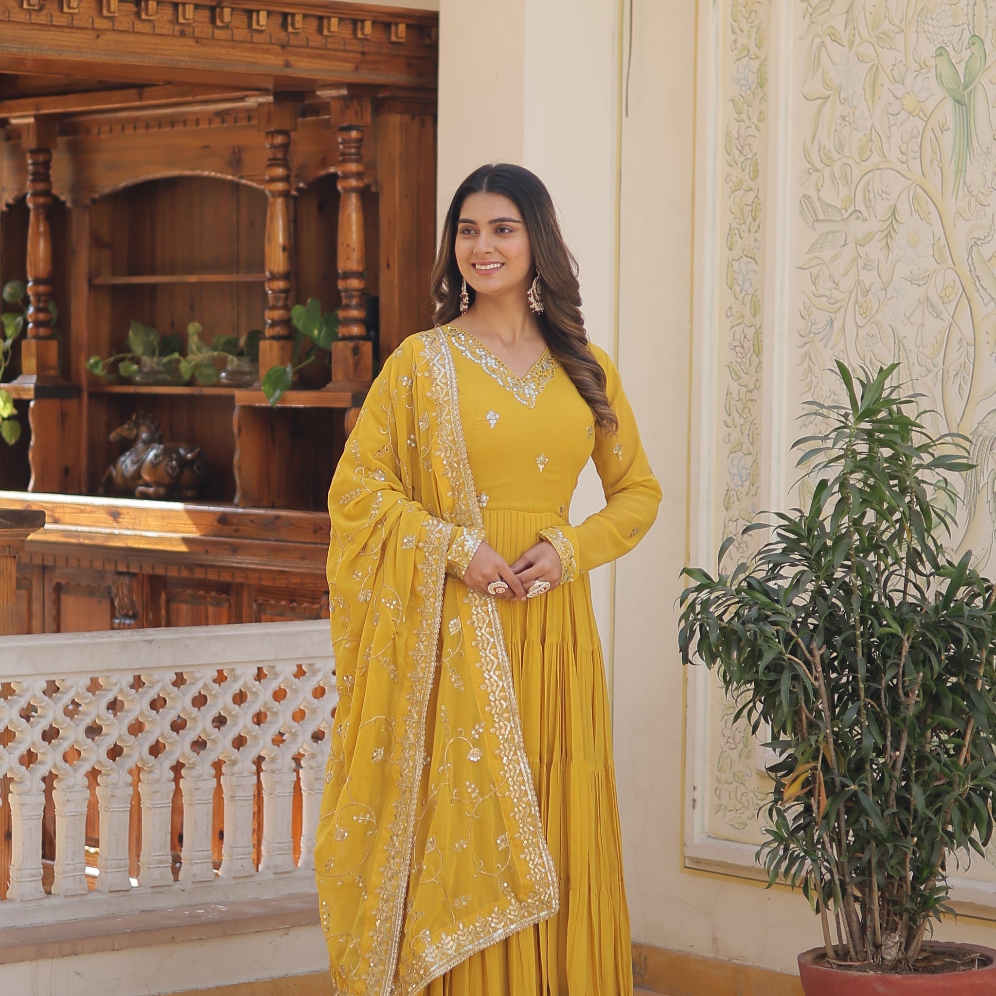 Yellow Women's Designer Gown With Dupatta Sets