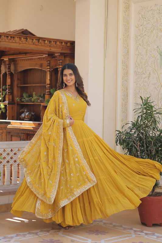 Yellow Women's Designer Gown With Dupatta Sets