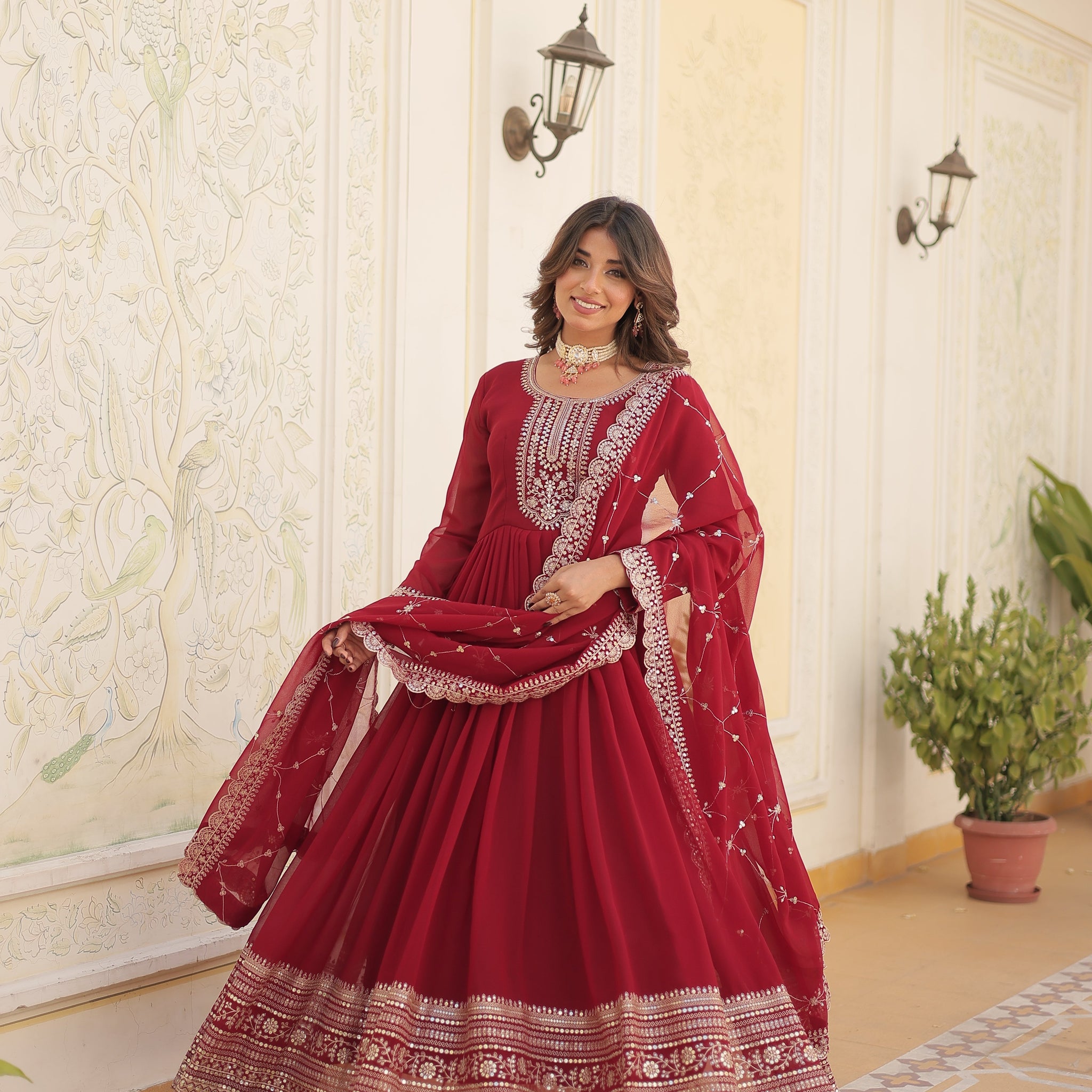 Maroon Faux Blooming Gown With Embroidered Dupatta