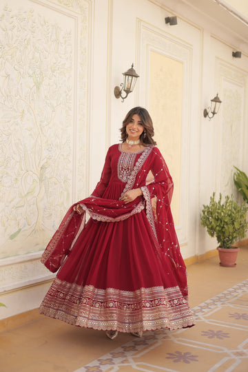 Maroon Faux Blooming Gown With Embroidered Dupatta