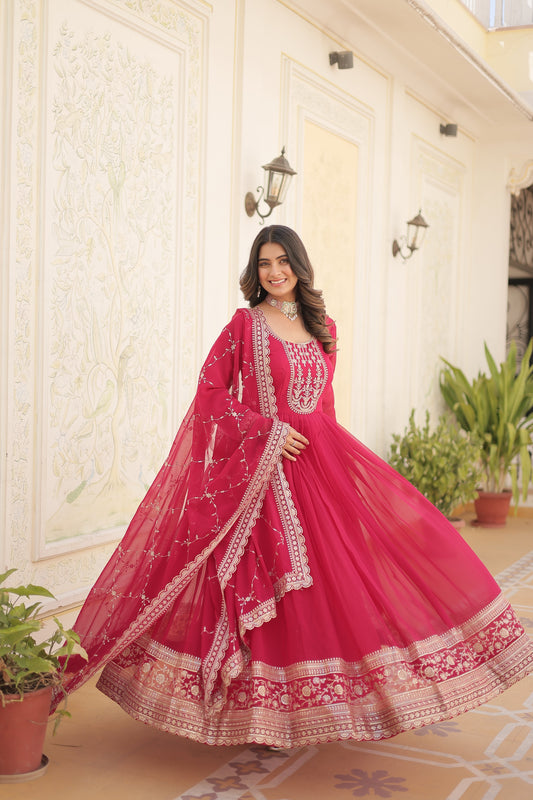 Pink Faux Blooming Gown With Embroidered Dupatta