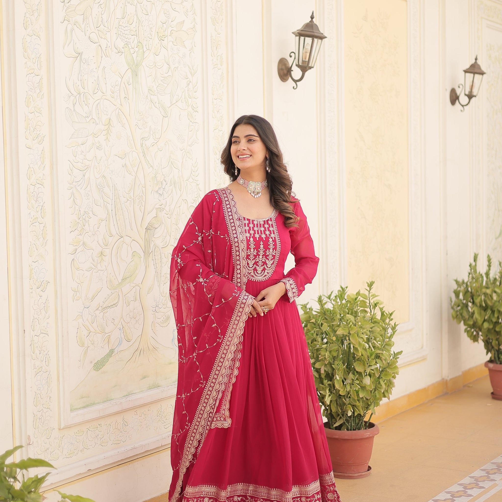 Pink Faux Blooming Gown With Embroidered Dupatta