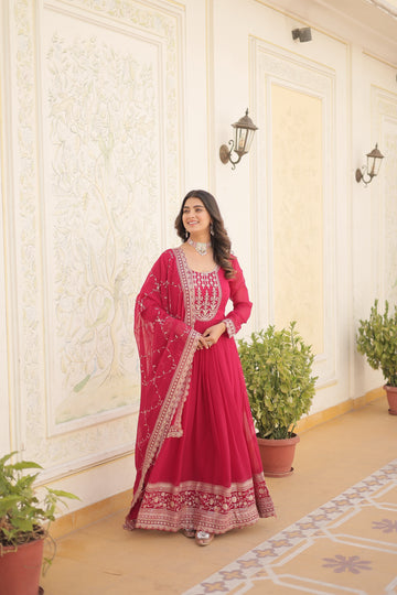 Pink Faux Blooming Gown With Embroidered Dupatta
