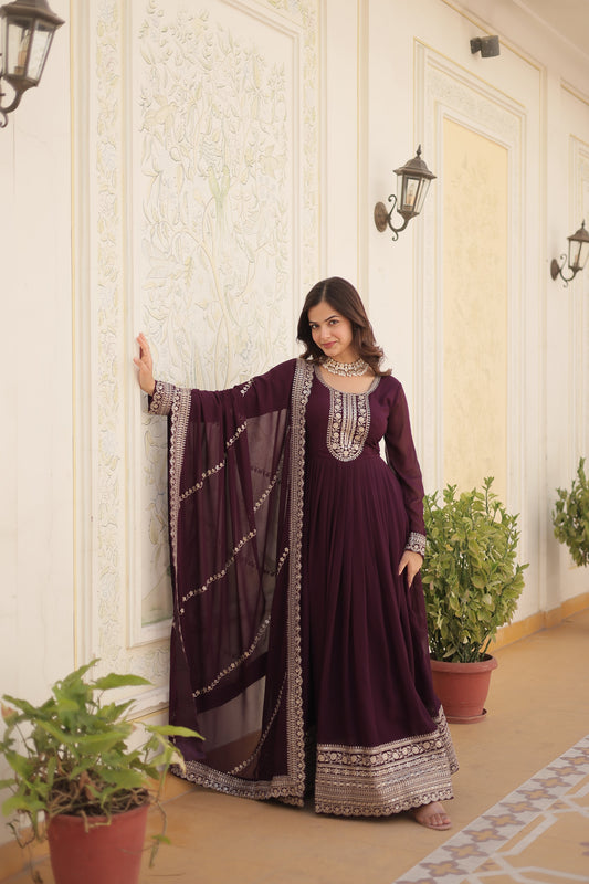 Wine Faux Blooming Gown With Embroidered Dupatta
