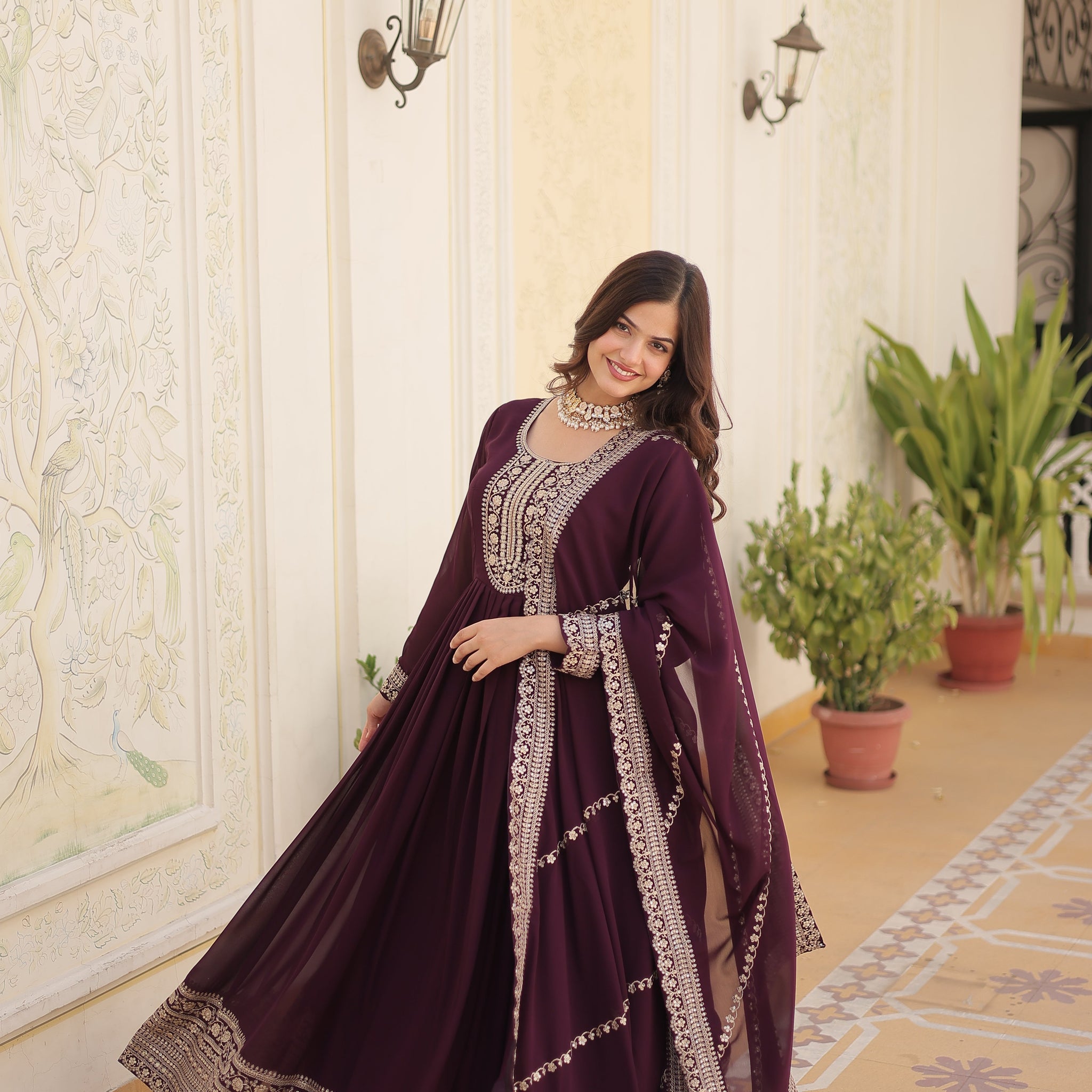 Wine Faux Blooming Gown With Embroidered Dupatta