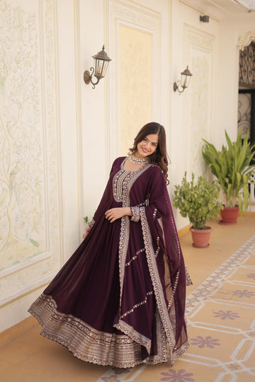 Wine Faux Blooming Gown With Embroidered Dupatta
