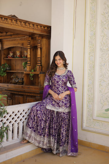 Purple Beautiful Kurta Sharara Set With Dupatta
