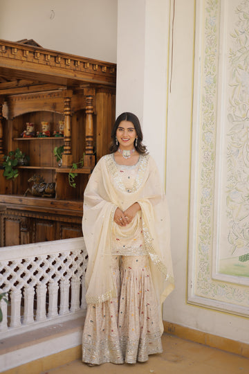 White Beautiful Kurta Sharara Set With Dupatta