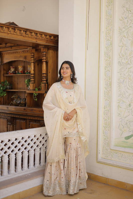White Beautiful Kurta Sharara Set With Dupatta