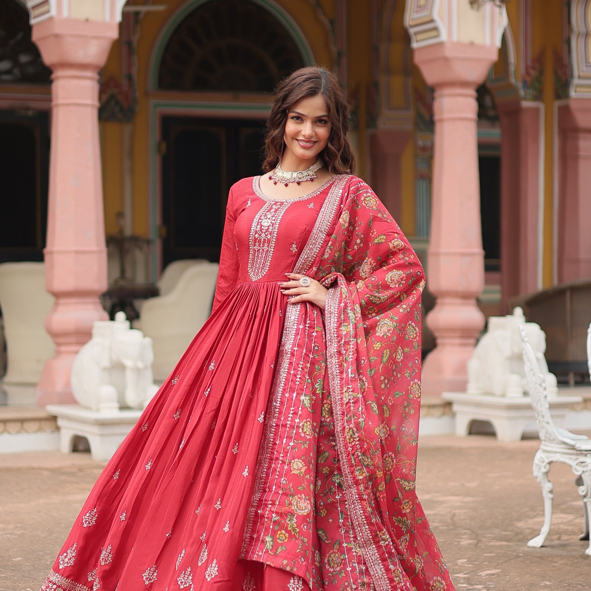 Maroon Chinnon Silk Gown With Silk Kalamkari  Printed Dupatta Sets