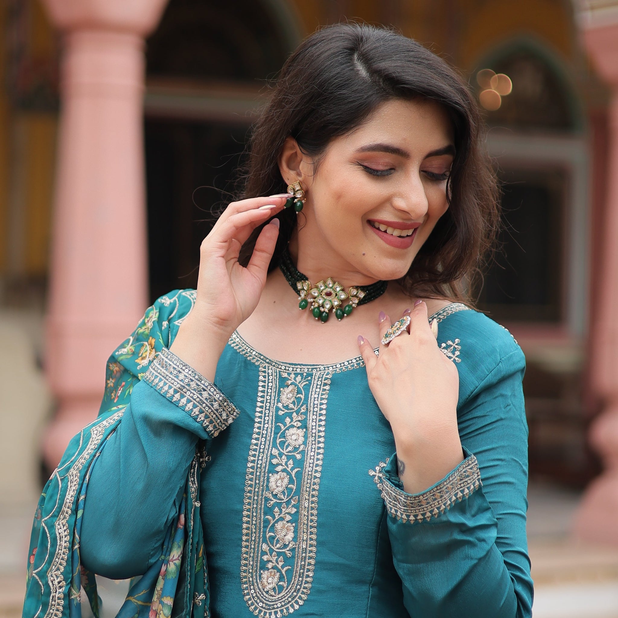 Rama Chinnon Silk Gown With Silk Kalamkari  Printed Dupatta Sets