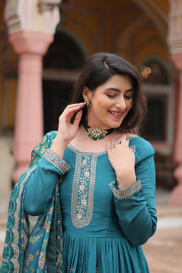 Rama Chinnon Silk Gown With Silk Kalamkari  Printed Dupatta Sets