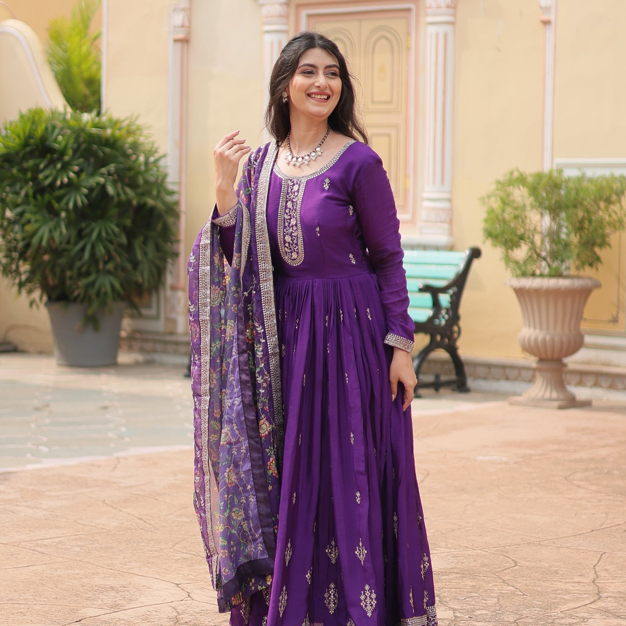 Purple Chinnon Silk Gown With Silk Kalamkari  Printed Dupatta Sets