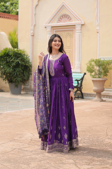 Purple Chinnon Silk Gown With Silk Kalamkari  Printed Dupatta Sets