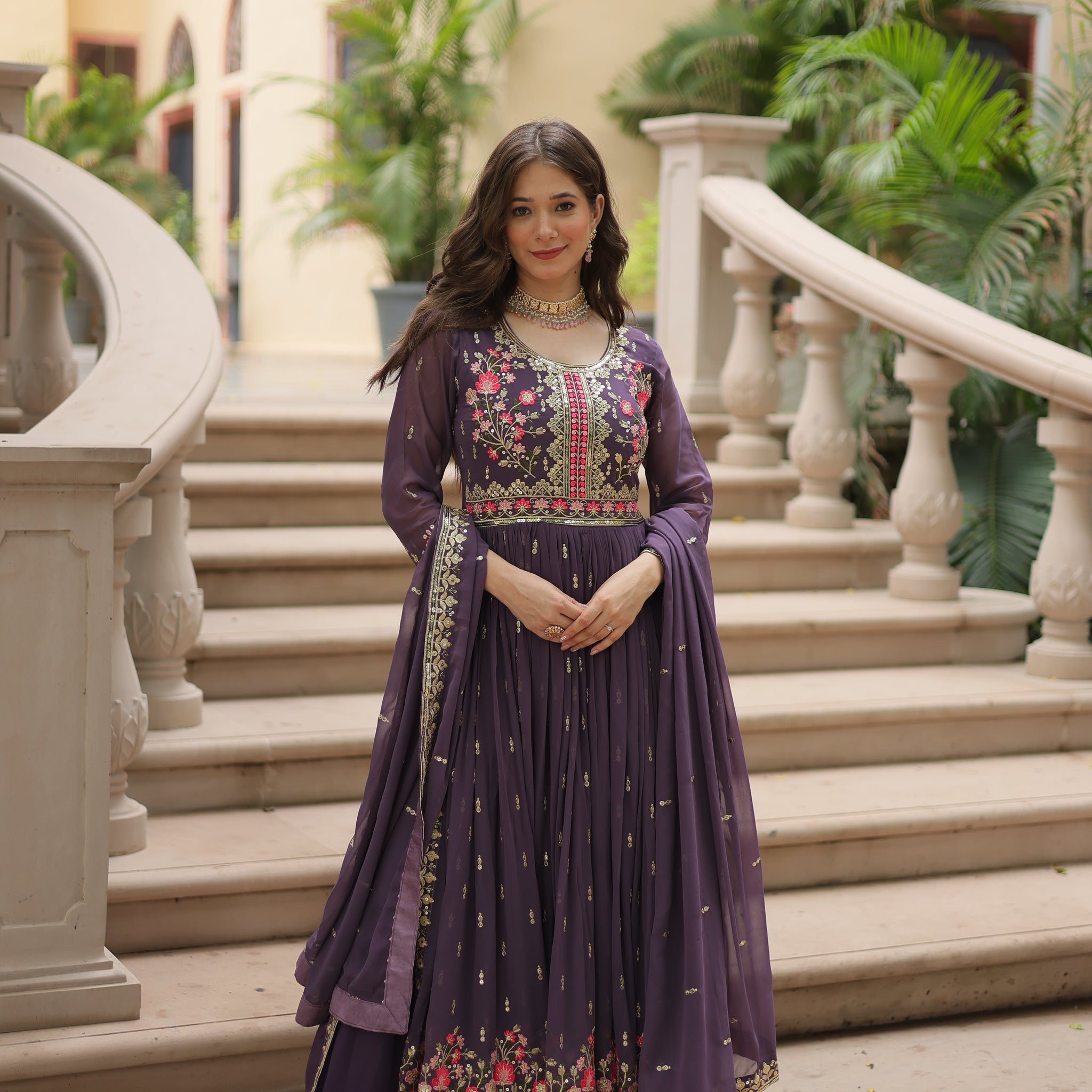 Onion Faux Georgette Gown Sharara With Dupatta Sets