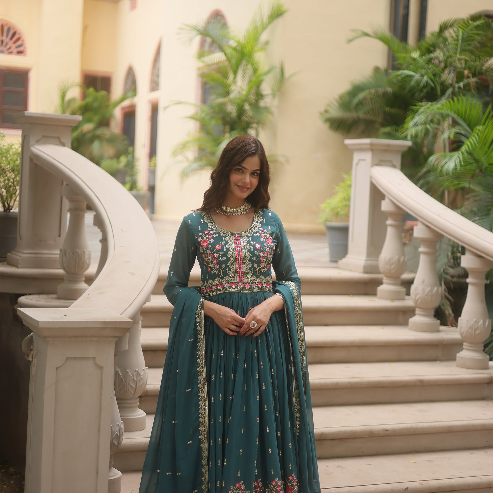 Rama Faux Georgette Gown Sharara With Dupatta Sets