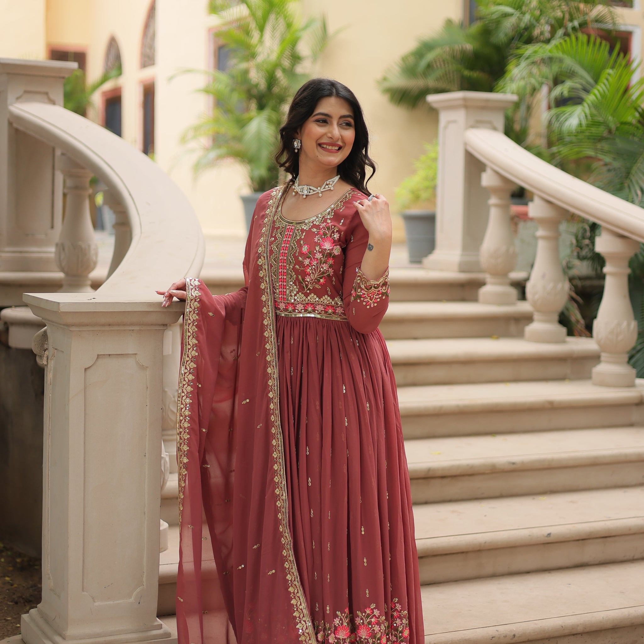 Coffee Faux Georgette Gown Sharara With Dupatta Sets