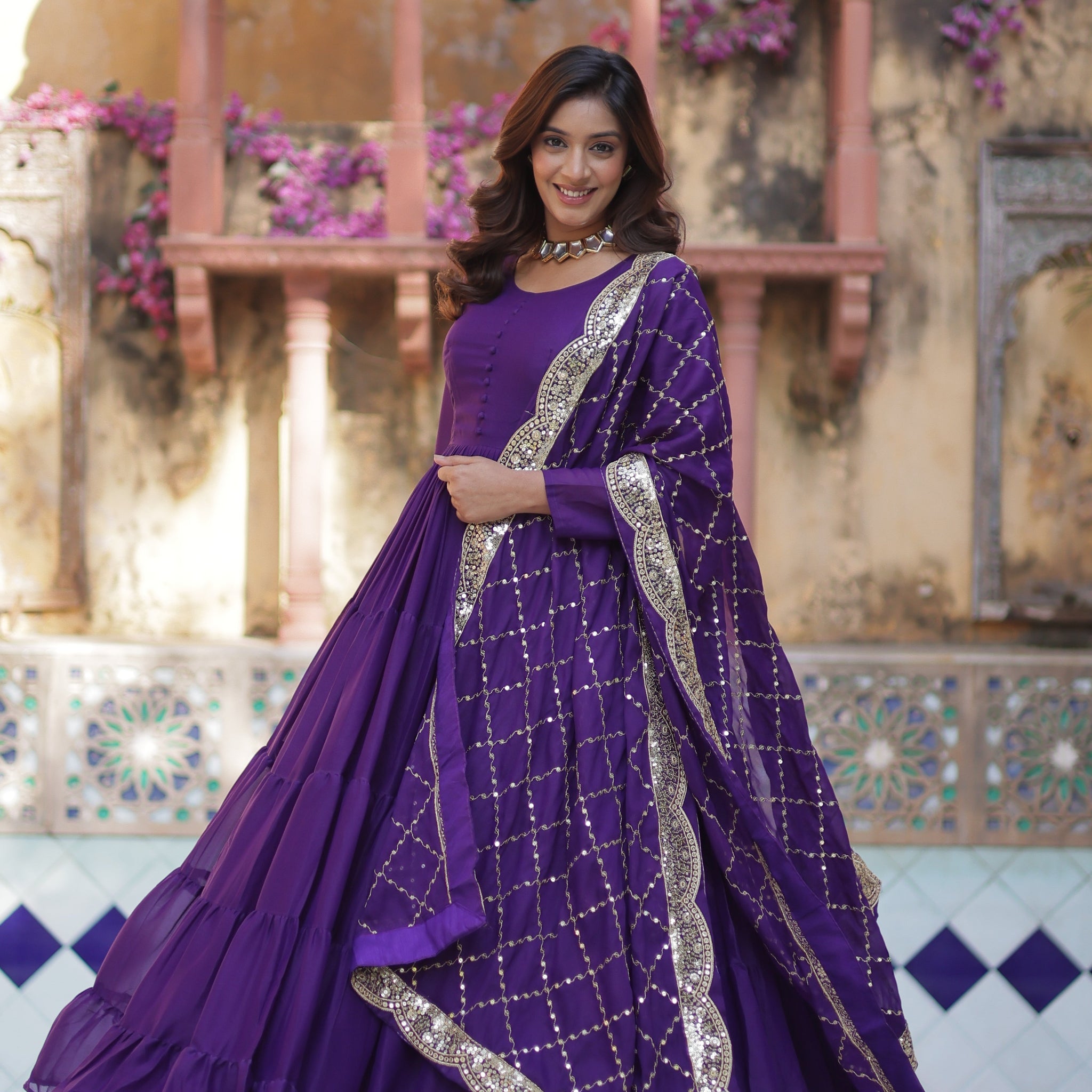 Purple Elegant Readymade Georgette Gown With Dupatta Sets