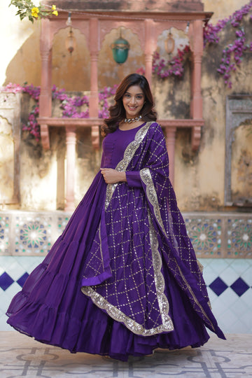 Purple Elegant Readymade Georgette Gown With Dupatta Sets