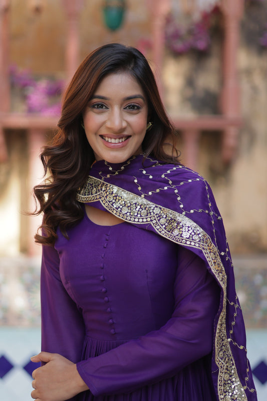 Purple Elegant Readymade Georgette Gown With Dupatta Sets