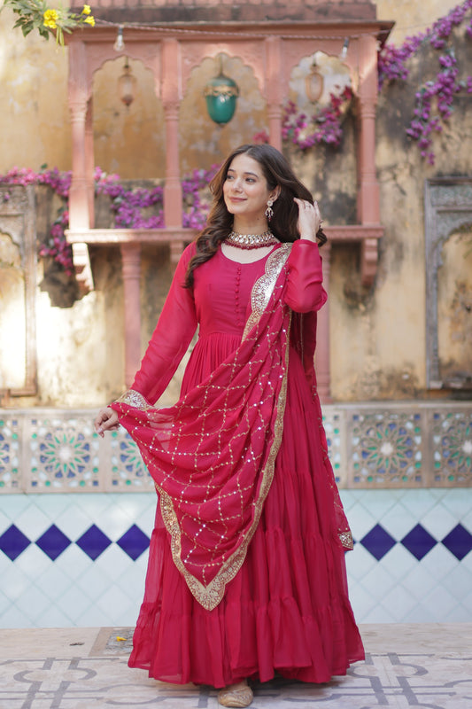 Pink Elegant Readymade Georgette Gown With Dupatta Sets