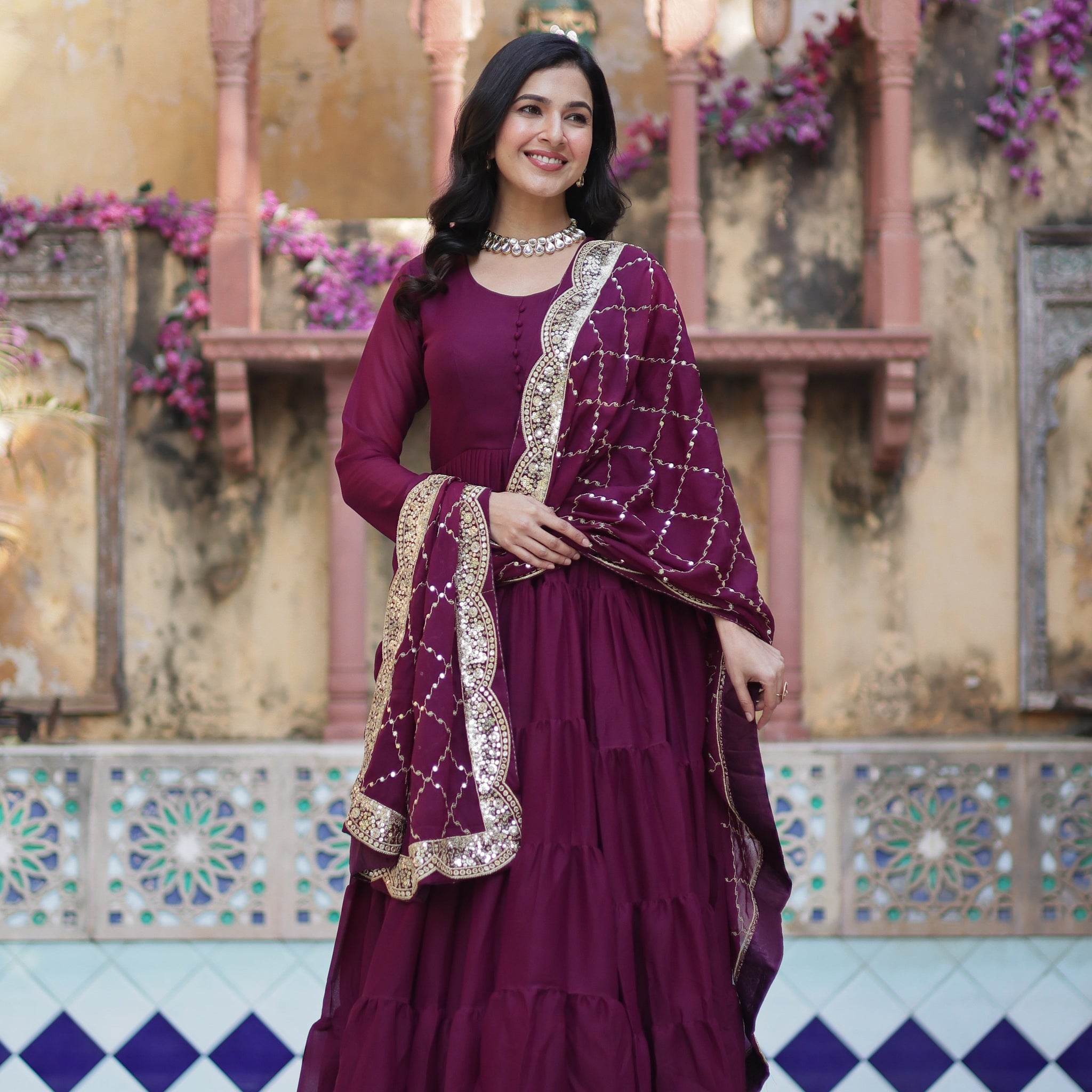 Wine Elegant Readymade Georgette Gown With Dupatta Sets