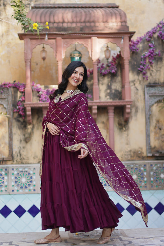 Wine Elegant Readymade Georgette Gown With Dupatta Sets
