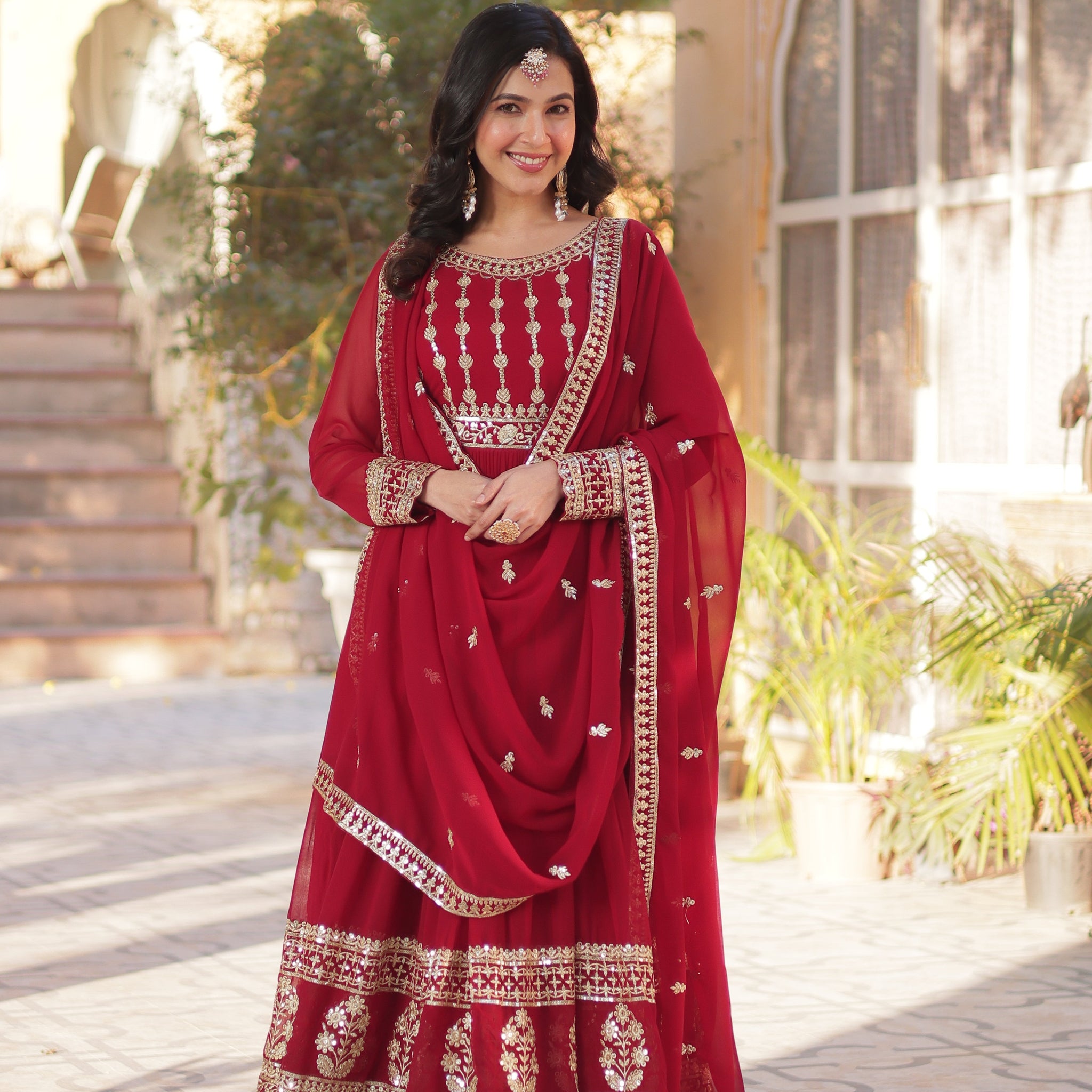 Maroon Faux Blooming Gown with Embroidery Dupatta