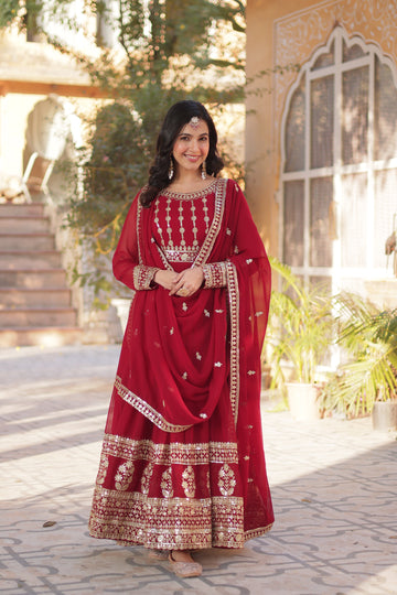 Maroon Faux Blooming Gown with Embroidery Dupatta