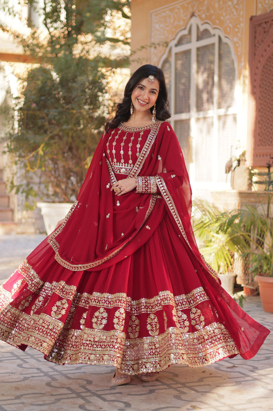 Maroon Faux Blooming Gown with Embroidery Dupatta