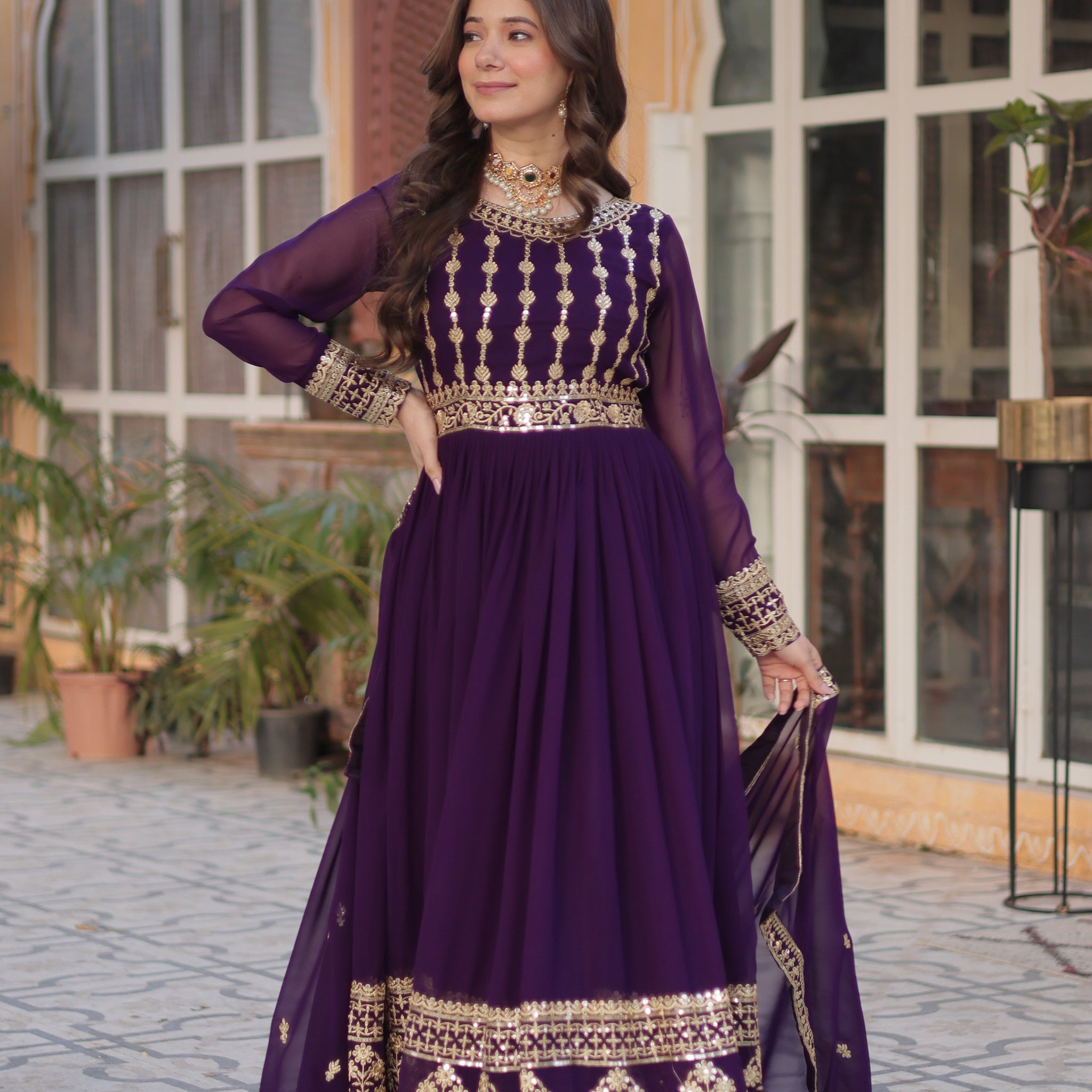 Purple Faux Blooming Gown with Embroidery Dupatta