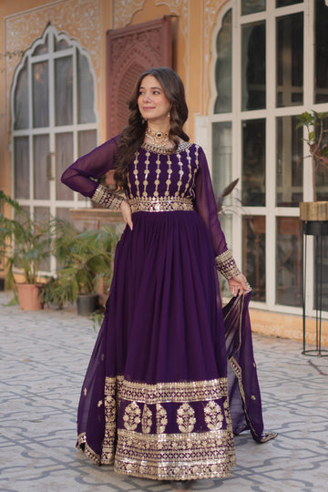 Purple Faux Blooming Gown with Embroidery Dupatta