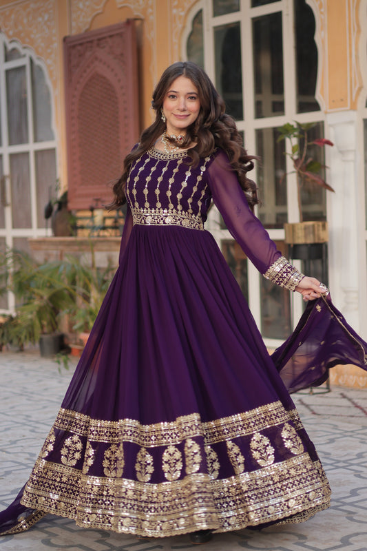 Purple Faux Blooming Gown with Embroidery Dupatta