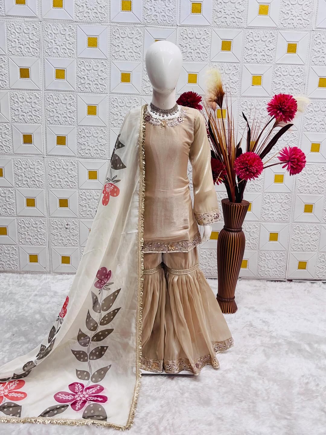 Elegant Beige Sharara Suit Set with Printed Dupatta | Party Wear Ethnic Outfit for Women