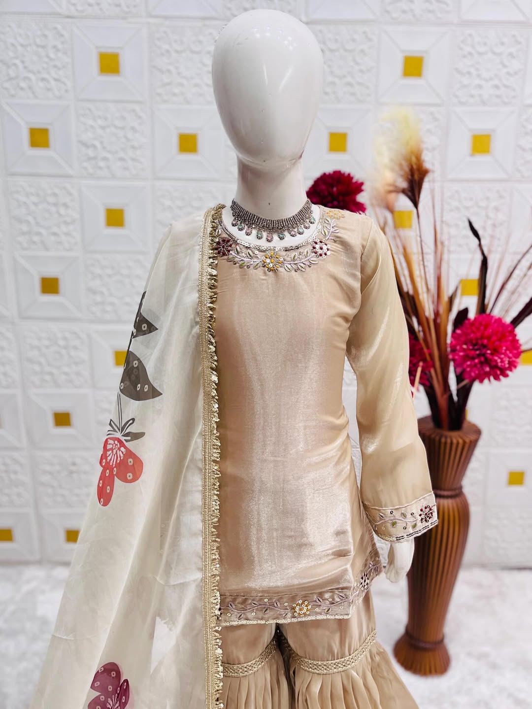 Elegant Beige Sharara Suit Set with Printed Dupatta | Party Wear Ethnic Outfit for Women
