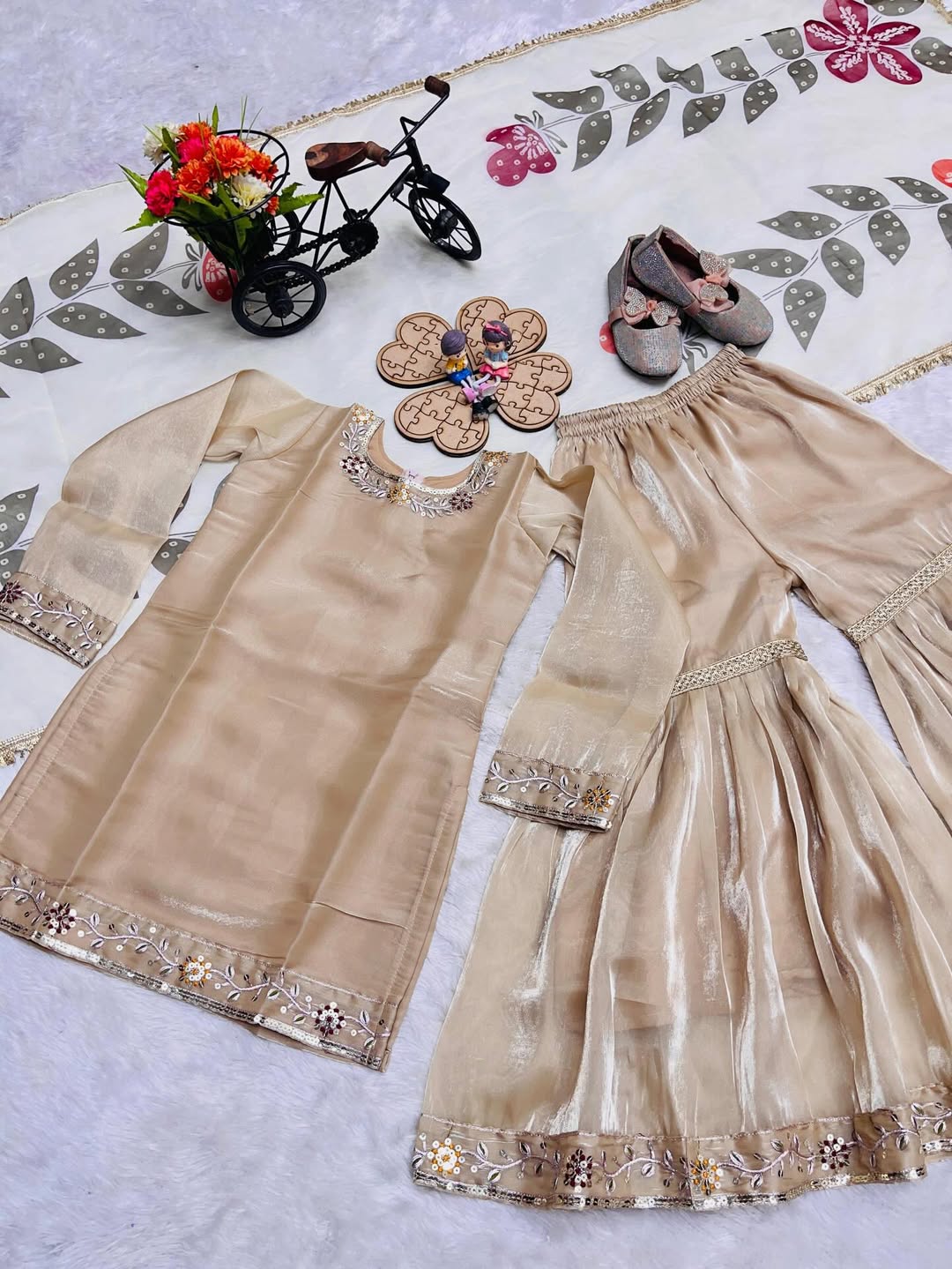 Elegant Beige Sharara Suit Set with Printed Dupatta | Party Wear Ethnic Outfit for Women