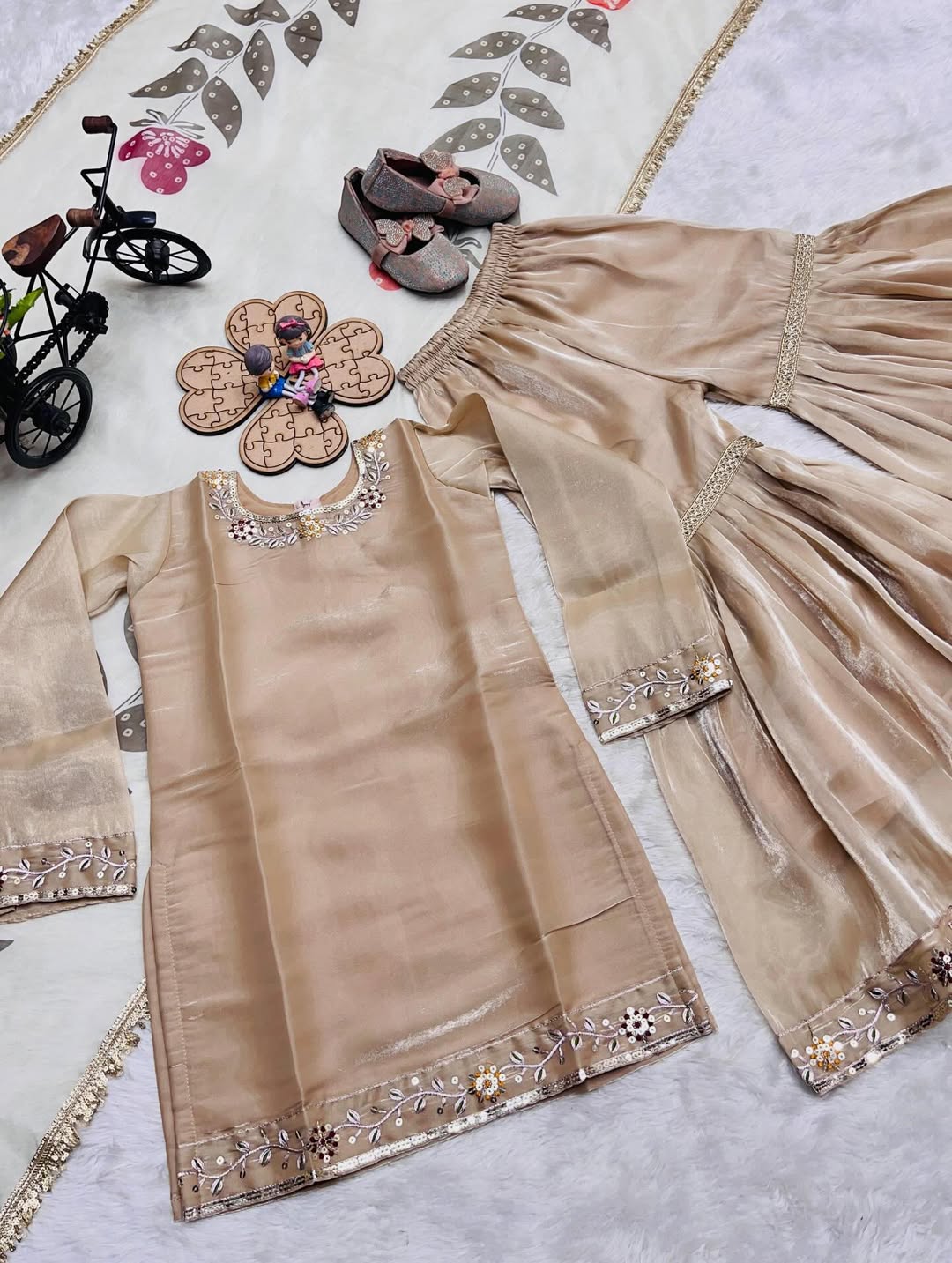 Elegant Beige Sharara Suit Set with Printed Dupatta | Party Wear Ethnic Outfit for Women