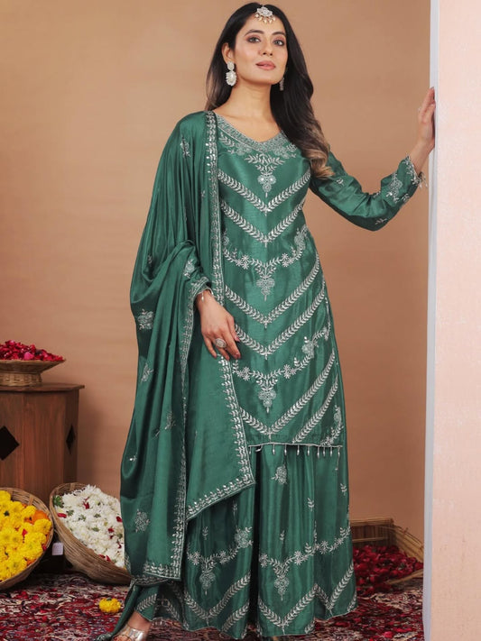 Designer Green Embroidered Kurta Sharara Set with Dupatta | Premium Festive & Wedding Ethnic Wear for Women