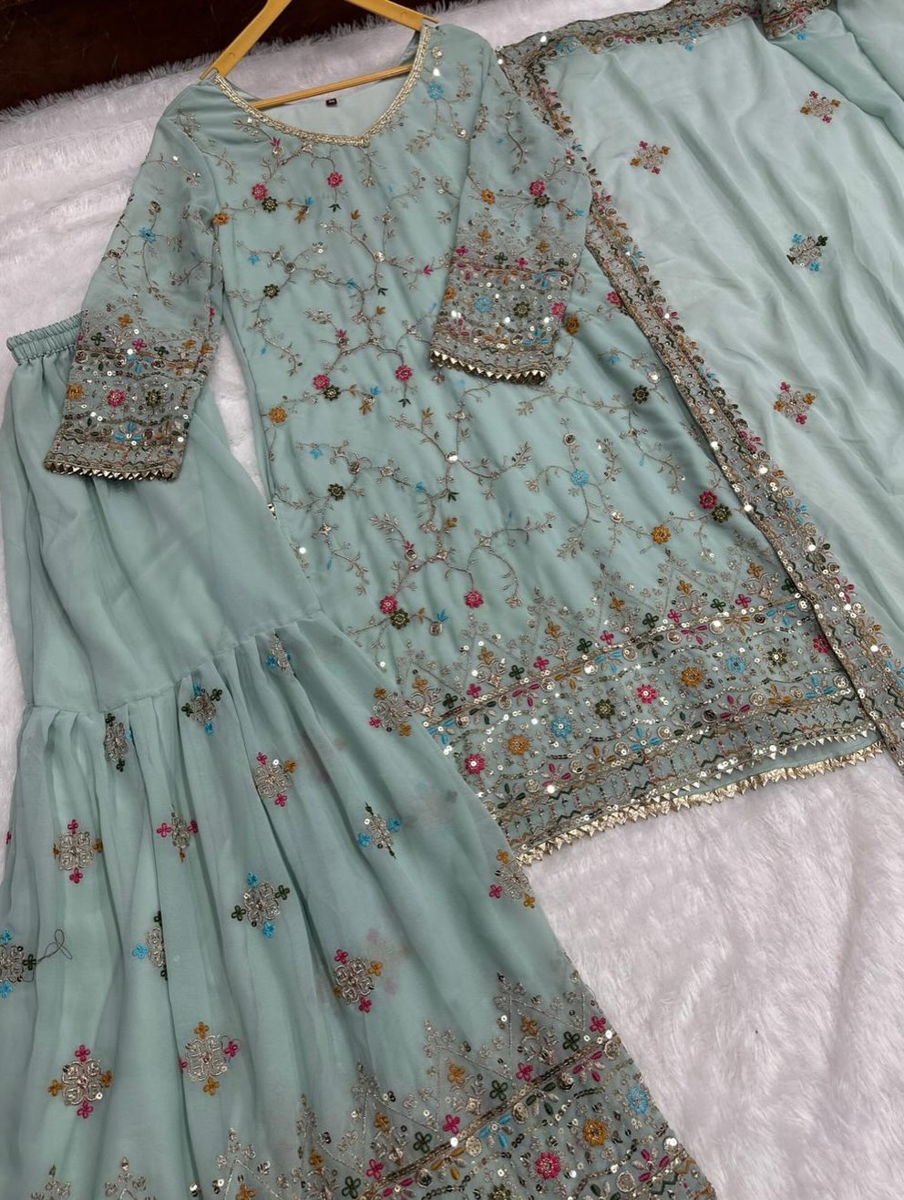 Pakistani Style Embroidered Sharara Suit with Dupatta | Designer Party Wear Salwar Suit | Indian Festive Outfit