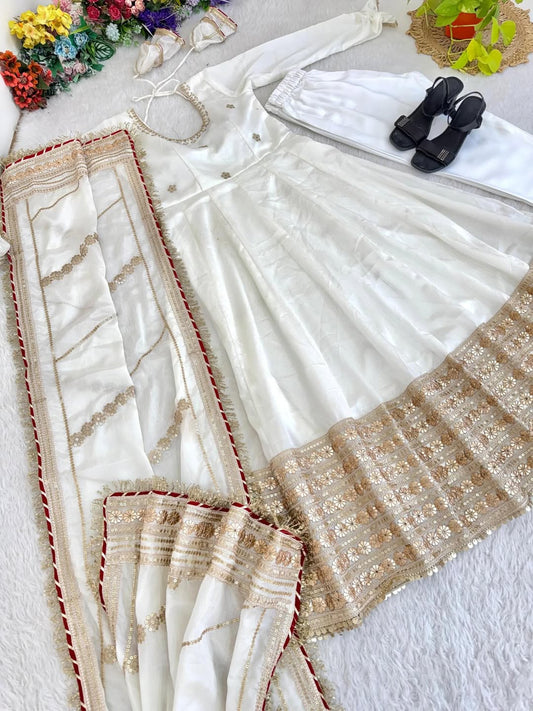 Elegant White Lehenga Choli Set with Golden Embroidery & Net Dupatta | Party Wear & Festive Ethnic Outfit for Women