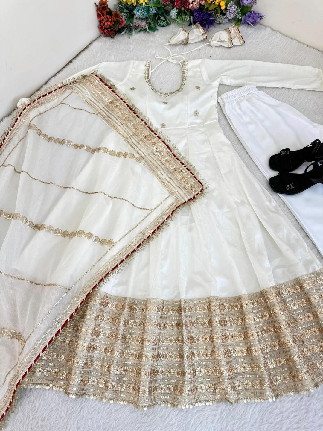 Elegant White Lehenga Choli Set with Golden Embroidery & Net Dupatta | Party Wear & Festive Ethnic Outfit for Women