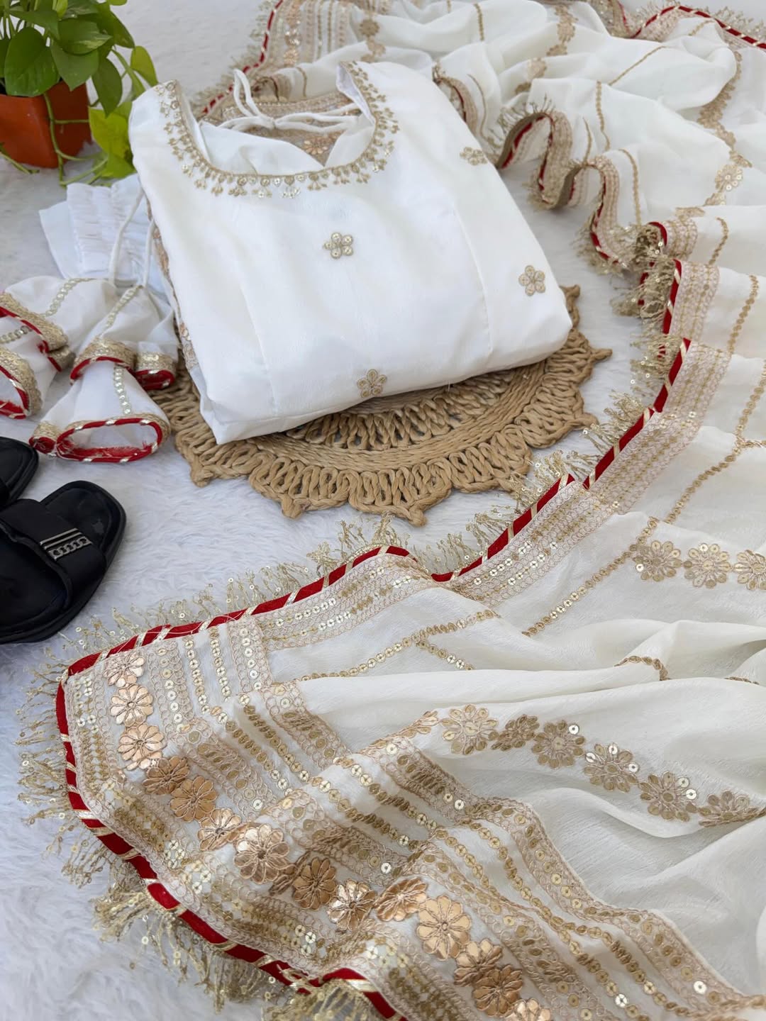 Elegant White Lehenga Choli Set with Golden Embroidery & Net Dupatta | Party Wear & Festive Ethnic Outfit for Women