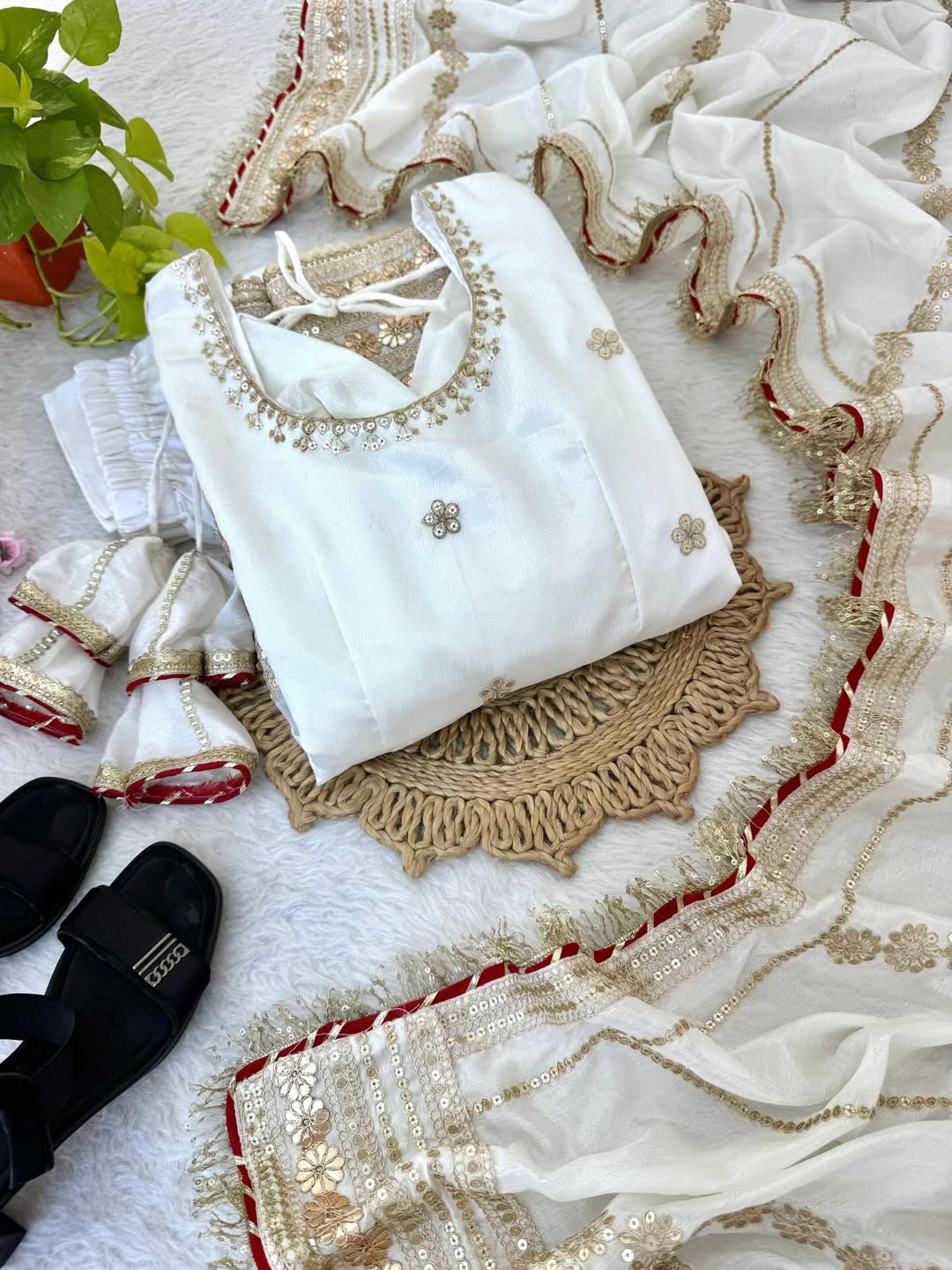 Elegant White Lehenga Choli Set with Golden Embroidery & Net Dupatta | Party Wear & Festive Ethnic Outfit for Women