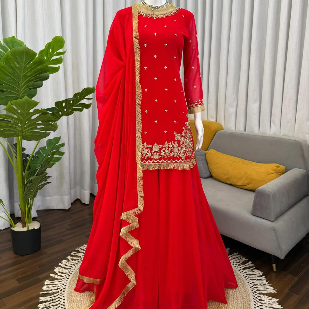 Red Embroidered Kurti Sharara Set with Dupatta | Designer Party & Wedding Wear Ethnic Suit for Women