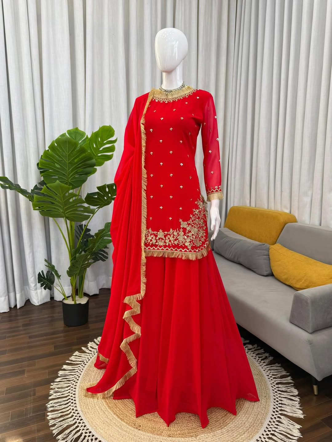 Red Embroidered Kurti Sharara Set with Dupatta | Designer Party & Wedding Wear Ethnic Suit for Women