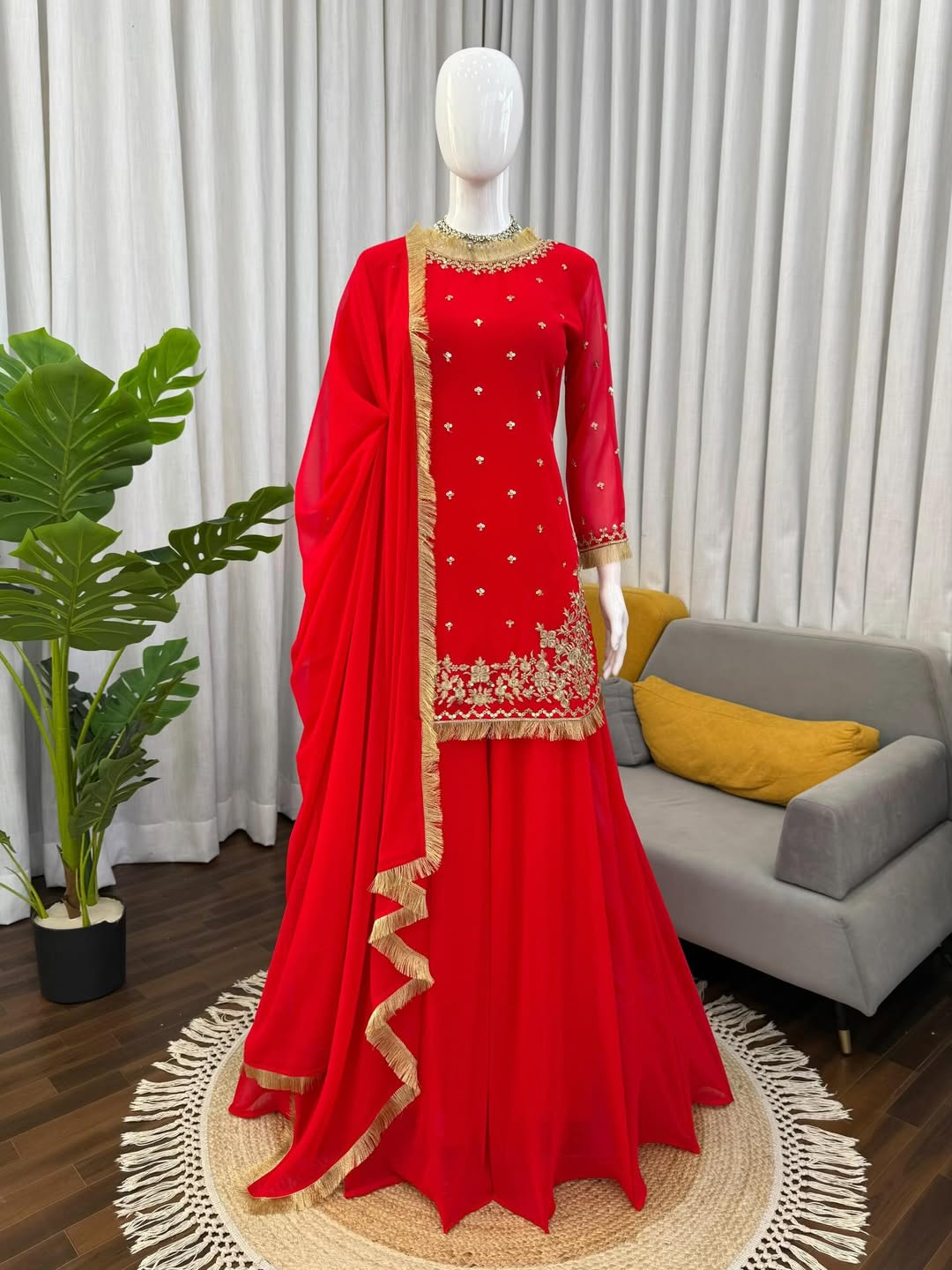 Red Embroidered Kurti Sharara Set with Dupatta | Designer Party & Wedding Wear Ethnic Suit for Women