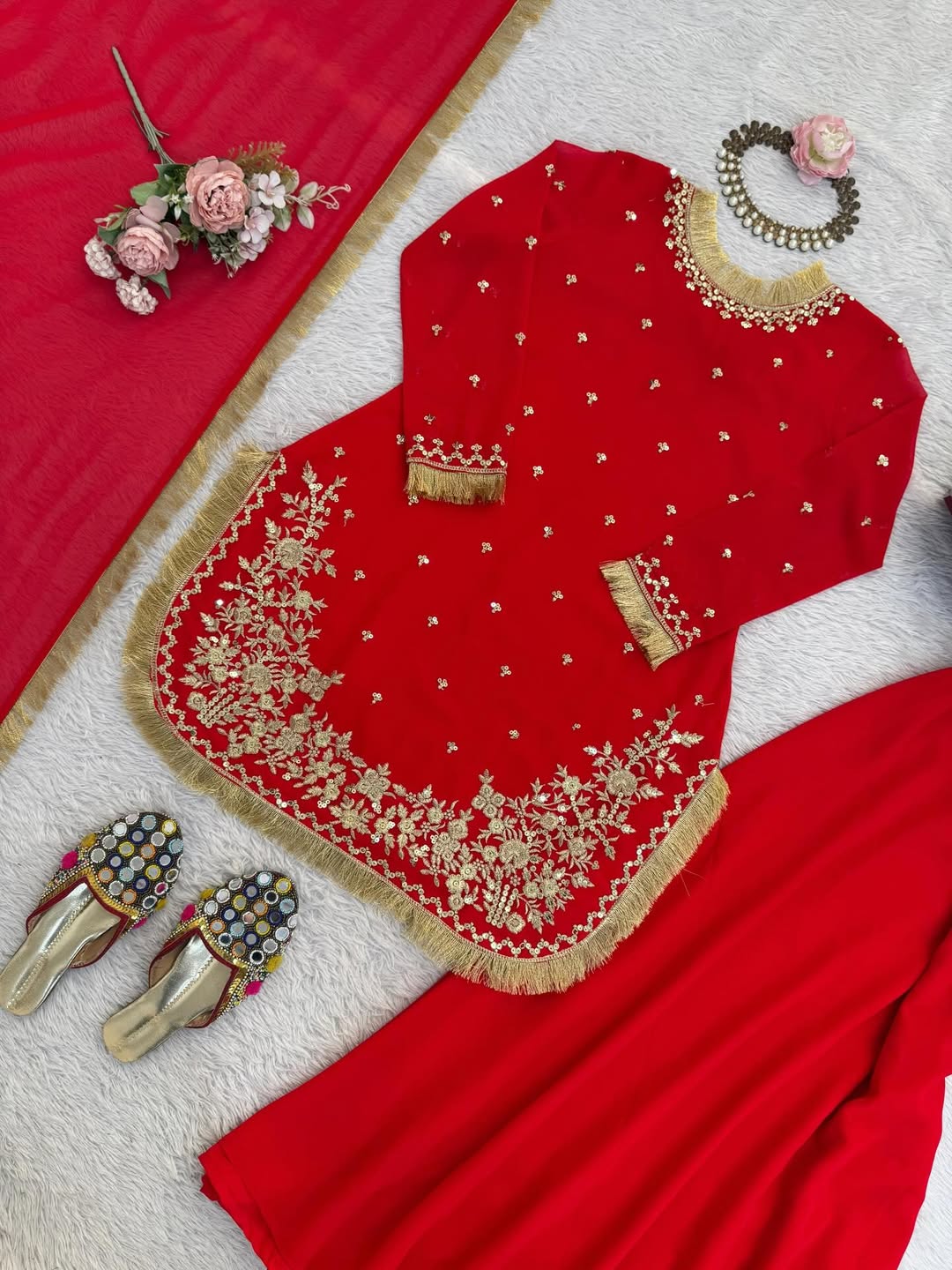 Red Embroidered Kurti Sharara Set with Dupatta | Designer Party & Wedding Wear Ethnic Suit for Women
