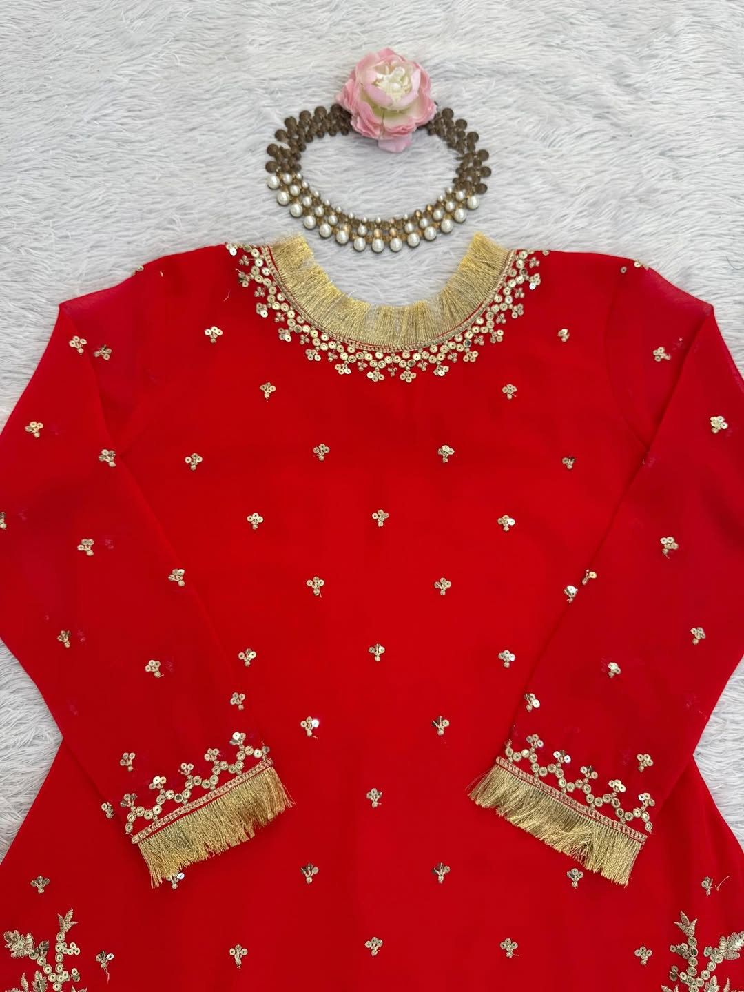 Red Embroidered Kurti Sharara Set with Dupatta | Designer Party & Wedding Wear Ethnic Suit for Women