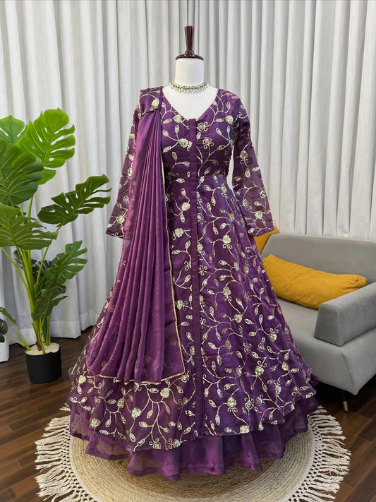 Purple Designer Anarkali Gown with Lehenga & Dupatta | Heavy Embroidered Party Wear Ethnic Dress for Women
