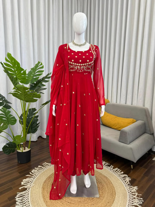 Red Designer Anarkali Gown with Dupatta | Embroidered Party Wear & Wedding Ethnic Dress for Women
